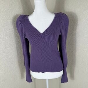 Express Ribbed Knit Sweater Women XS Purple Puff Sleeve V-Neck‎ Romantic